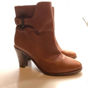 APC stacked heel buckle leather boot in tan
